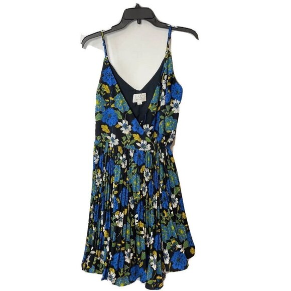 Lost + Wander Pisces Floral Mini Spaghetti Wrap Dress Blue S V-neck Pleated - Picture 1 of 10